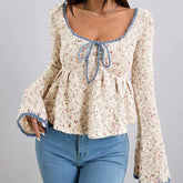 Voguable Elegant Ruffles Knitted Sweaters Women Sweet Dot Lace Up Flare Sleeve Fashion Pullovers Casual Slim Fit V Neck Aesthetic Tops voguable