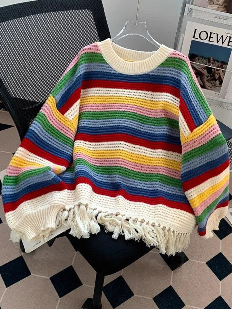 Sweet Rainbow Tassel Sweaters Women Vintage Cute Loose Long Sleeve Knitted Jumper Casual Retro O Neck Lady Hollow Out Pullovers voguable