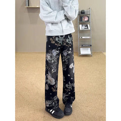 Flower Jeans Men Fashion Retro Printed Jeans Men Streetwear Hip-hop Loose Straight Jeans Men Baggy Vintage Denim Trousers voguable