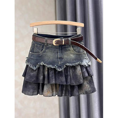 Spliced denim Skirt for Women New Age-reducing Versatile and Fashionable High-waisted Slimming A-line Short Skirt Trendy voguable