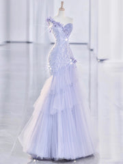 Voguable Purple Sequin Mermaid Bride Formal Evening Party Dress 3D Floar Shoulder Tulle Princess Birthday Gown for Wedding Guest voguable