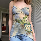 Voguable Boho Aesthetic Tie-dye Flower Print Cami Women Fairycore Criss-cross Milkmaid Spaghetti Straps Corset Asymmetrical Tops voguable