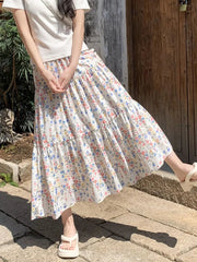 Voguable Summer Korean Style A-line Floral Skirt Woman All Match Elastic High Waist Midi Skirt for Women Sweet Print Patchwork Cake Skirt voguable
