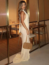 Halter Hollow Out Sexy Maxi Dress Women Gown Fashion Elegant Sleeveless Backless Bodycon Ruffle Club Party Dress New voguable