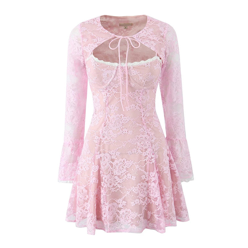 Women Sexy Elegant 2pcs Pink Lace Dresses Thin Straps + Long Sleeve Crop Top Christmas Party Mini Dress Birthday Robe