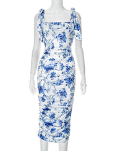 Floral Print Backless Sexy Maxi Dress For Women Gown Spaghetti Strap Square Collar Ruched Bodycon Club Party Dress voguable