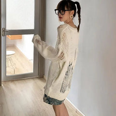 Dark Harbor Wind Hole Knitted Sweater Women Early Spring Loose Hollow-Out Thin Long-Sleeved Tops To Wear A Personalized Sweater voguable