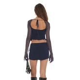 Voguable Women Outfit Elegant y2k Clothes Long Sleeve Front Open Ring Ruched Tops + Low Waist Tight Fitted Mini Skirt Clubwear voguable