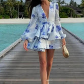Voguable Elegant Women's Printed Ruffle Short Dress High Waist Lantern Sleeve High Fashion Ladies' Clothing Casual Wear voguable
