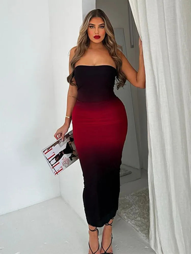 Off-shoulder Backless Sexy Maxi Dress For Women Gown Gradient Strapless Sleeveless Bodycon Club Long Dress Vestido voguable