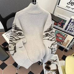 Y2k Harajuku Zipper Cardigan Man Women Vintage Butterfly Turtleneck 2024 American Mink Fur Soft and Lazy Style Sweater Jacket voguable