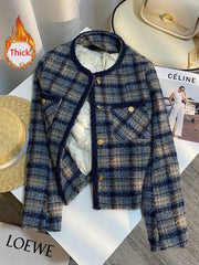 Thick Warm Elegant Tweed Jacket Women Slim Vintage Long Sleeve Winter Coat Korean Casual O Neck Female Retro Sweet Tops New voguable