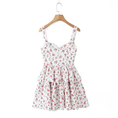 YENKYE Sweet Women Floral Print Slim Mini Dress Cute Spaghetti Strap Chic Backless Holiday Party Dresses Summer Beautiful Robe voguable