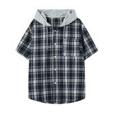 Summer Short Sleeved Shirt Men Fashion Retro Casual Hooded Shirt Men Streetwear Korean Loose Plaid Shirts Man Large Size 4XL voguable