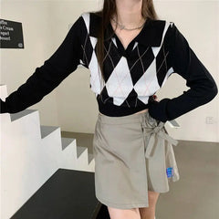 Autumn Winter Women Sweater Korean Fashion Lazy Wind Polo Collar Lingge Contrast Color Loose Long Sleeve Pullovers Knitted Tops voguable