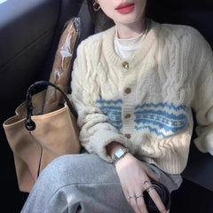 Fair Isle Cardigan for Women Comfy Cable Knit Button-up Sweater Jacket Cozy Knitwear Teen-girl Fall Winter Vintage Outfit voguable