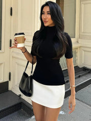 Sexy Half High Collar Half Sleeve Patchwork Mini Dress Women Slim Elegant High Waist Dress Streetwear Female Clothes voguable