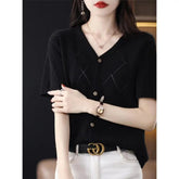 Voguable New Summer Knitted Cardigan Women's Short Sleeve V-Neck Base Shirt Loose Top Outerwear voguable