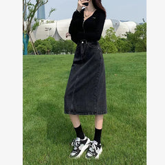 Vintage High Waist Women Denim Midi Skirt Summer Korean Thin Section Slit A Line Skirts Fashion Casual All Match Denim Skirts voguable
