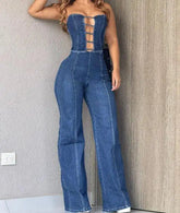 Voguable Spring/Summer New Women's Fashion Casual Strapless Bareback Slimming Straight Leg Wide Leg Cowboy jumpsuit Women's Wear voguable