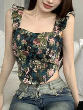 Voguable New Floral Print French Vintage Vest Women Ruffles Korean Fashion Sexy Tank Top Female Holiday Party Elegant Designer Camis voguable