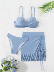 Voguable Women's Sky Blue Three Piece Swimsuit Solid Color V-neck Underwire Bikini Set Beach Vacation Suspender Backless Swimwear voguable