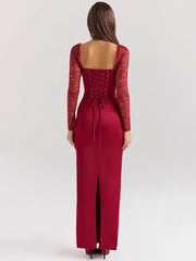 Backless Long Sleeve Sexy Maxi Dress For Women Solid Square Collar Lace-up Back Split Bodycon Club Long Dress Elegant voguable