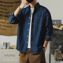 Autumn New Men's Long Sleeve Denim Shirt Classic Black Blue Loose Lapel Collar Coats Fashion Korean High Street Male Clothes Top voguable