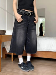 Voguable 2024 Y2k Retro Women Low Rise Jorts Brushed Black Wash Cropped Baggy Jeans Wide Leg Frayed Denim Short Pants Acubi Fashion voguable