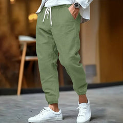 Voguable Men's Cotton Linen Jogger Pants Spring Summer Elastic Waist Straight Fit Mid Rise Solid Color Breathable Tapered Trousers voguable