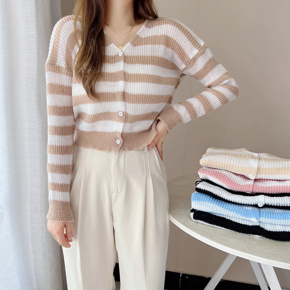Women Striped Knit Cardigan Button Front Long Sleeve V-neck Crop Sweater Jacket Comfy Knitwear French Chic Autumn Winter Outfit voguable
