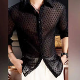 Fall Vintage Fashion Black Dress Shirt Man Shirt Men's Hollow Mesh Lace Long Sleeve Loose Casual Shirts Male Streetwear voguable