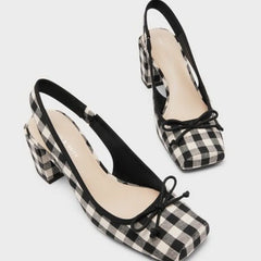 Women Chunky Heeled Sandals Retro Square Toe Mary Janes Pumps Shoes Slingbacks Spring Summer High Heels Baotou Plaid Shoes voguable
