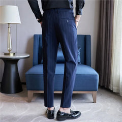 Men's Striped Suit Pants Elastic 2024 Autumn New Social Casual Trousers Slim Fit Suit Pants Business Office Wedding Men Clothing voguable