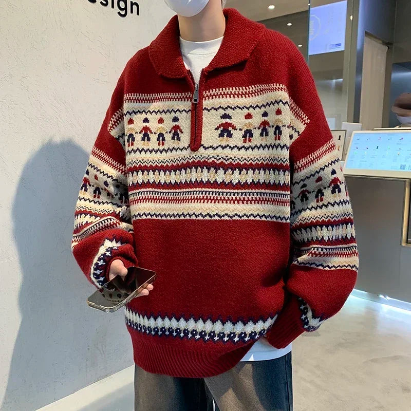 2024 New Year Striped Christmas Sweaters Men Lapel Zipper Pullover Women Autumn Winter Loose Niche Couple Knitted Sweater Coat voguable