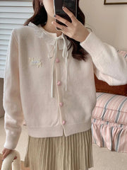 Ruffles Sweet Cardigan Women Cute Long Sleeve Bow Sweaters Preppy Style O Neck Japan Kawaii Letter Lace Up Love Buttons Top voguable