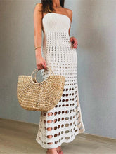 Strapless Off-shoulder Hollow Out Knit Maxi Dress For Women Gown Fashion Sleeveless Backless Beach Skinny Long Dress voguable