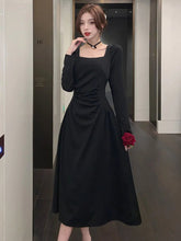 French Dresses For Women's Fashion Elegant Long Sleeves A-Line Square Collar Pleated Femme Vestidos Vintage Office Lady Casual voguable