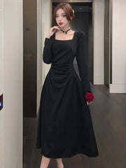 French Dresses For Women's Fashion Elegant Long Sleeves A-Line Square Collar Pleated Femme Vestidos Vintage Office Lady Casual voguable