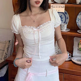 Voguable Cute Frill Lace Bow Decorate Top Women's Summer Puff Short Sleeve Square Collar T-shirts Y2K Aesthetic Tees Coquette voguable