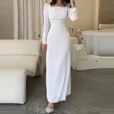 Voguable Fashion Square Collar Pleated Evening Dress White Slim High Waist Banquet Dress Temperament Women Long Sleeve Party Maxi Dresses voguable