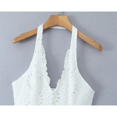 French Style Sexy Backless Halter Dress For Women Hollow Out Embroidery White Party Mini Dresses Chic Lady Summer Robe