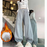 Sports Sweatpants Women Winter New High Waist Thermal Plus Fleece Wide Leg Drawstring Casual Elastic Waist All-match Trousers voguable