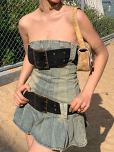 Vintage Y2k Strapless Denim Dress Women Summer Bodycon Sexy Korean Fashion Kpop Belt Pleated Mini Dress 2000s Streetwear voguable