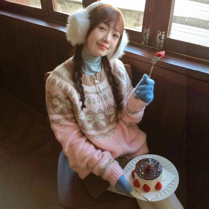 Vintage Print Knitted Cardigan Women Japanese Long Sleeve Sweater Outerwear Winter Aesthetic Pink Knitwear Korean Jumpers voguable