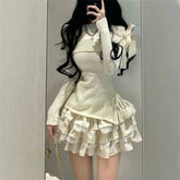 Voguable Autumn Winter Woman Kawaii Sweet 2 Piece Set Off Shoulder Bow Knitted Tops + Mini Cake Skirt Female Korean Fashion Casual Suits voguable