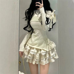Voguable Autumn Winter Woman Kawaii Sweet 2 Piece Set Off Shoulder Bow Knitted Tops + Mini Cake Skirt Female Korean Fashion Casual Suits voguable