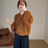 Warm Color Vintage Fashion Women Sweater Coat New Korean All-match V-Neck Knitted Lantern Sleeve Chic Loose Thick Cardigans Tops voguable