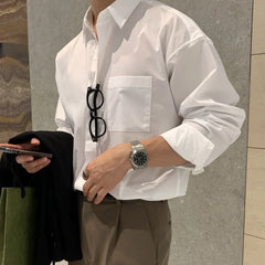 Voguable Korean Fashion Men High-end Light Blue Shirt Men Summer Solid Color Simple Casual Loose Button Pocket Long sleeve Shirts for Men voguable