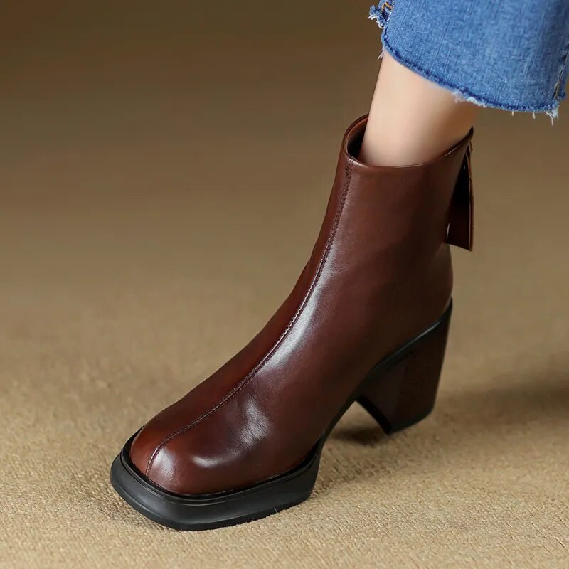 New Basic Leisure Casual Women Short Boots Genuine Leather High Quality Thick High Heels Autumn Winter Shoes Woman Outdoor voguable